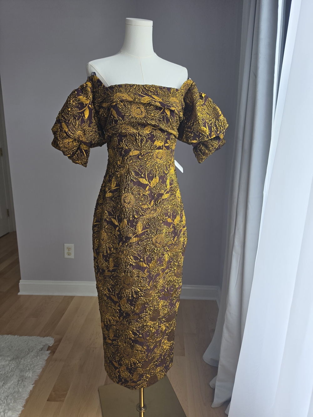 Lela Rose One-Shoulder Puff Sleeve Sheath Dress in Mustard & Brown